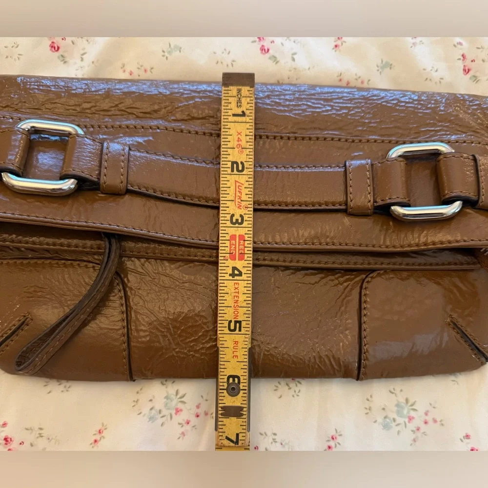 Club Monaco Y2K Cognac Brown Patent Leather Fold-Over Clutch Bag